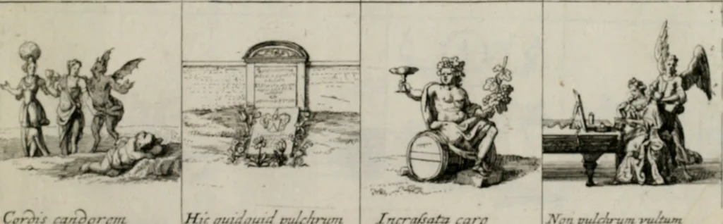 An illustration from Annus symbolicus, emblemmatice, et versu leonino : quemcumq[ue] statum hominum incitans ad animum pie recreandum. Humillimè oblatus serenissimo electorali principi Iosepho Ferdinando vtriusq[ue] Bavariae &c. duci. etc. etc. Accrescenti orbis terrae delicio, 1696, leaf 40