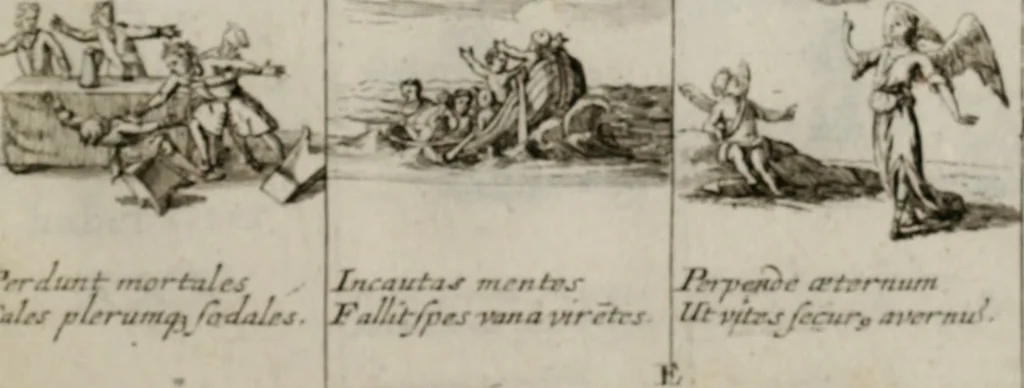 An illustration from Annus symbolicus, emblemmatice, et versu leonino : quemcumq[ue] statum hominum incitans ad animum pie recreandum. Humillimè oblatus serenissimo electorali principi Iosepho Ferdinando vtriusq[ue] Bavariae &c. duci. etc. etc. Accrescenti orbis terrae delicio, 1696, leaf 42