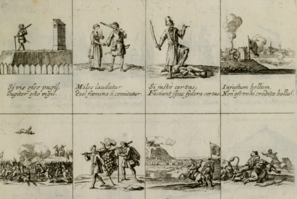 An illustration from Annus symbolicus, emblemmatice, et versu leonino : quemcumq[ue] statum hominum incitans ad animum pie recreandum. Humillimè oblatus serenissimo electorali principi Iosepho Ferdinando vtriusq[ue] Bavariae &c. duci. etc. etc. Accrescenti orbis terrae delicio, 1696, leaf 48