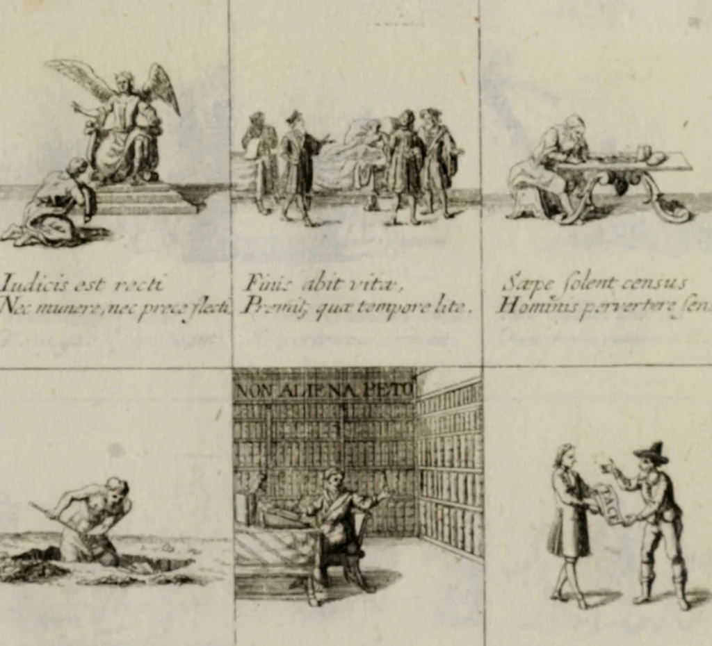 An illustration from Annus symbolicus, emblemmatice, et versu leonino : quemcumq[ue] statum hominum incitans ad animum pie recreandum. Humillimè oblatus serenissimo electorali principi Iosepho Ferdinando vtriusq[ue] Bavariae &c. duci. etc. etc. Accrescenti orbis terrae delicio, 1696, leaf 54