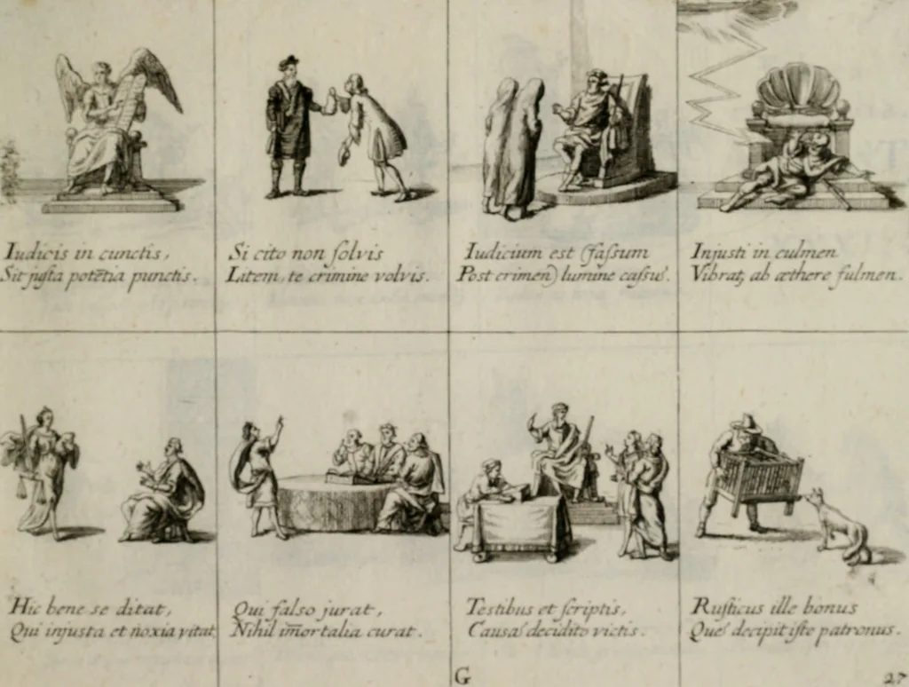 An illustration from Annus symbolicus, emblemmatice, et versu leonino : quemcumq[ue] statum hominum incitans ad animum pie recreandum. Humillimè oblatus serenissimo electorali principi Iosepho Ferdinando vtriusq[ue] Bavariae &c. duci. etc. etc. Accrescenti orbis terrae delicio, 1696, leaf 58