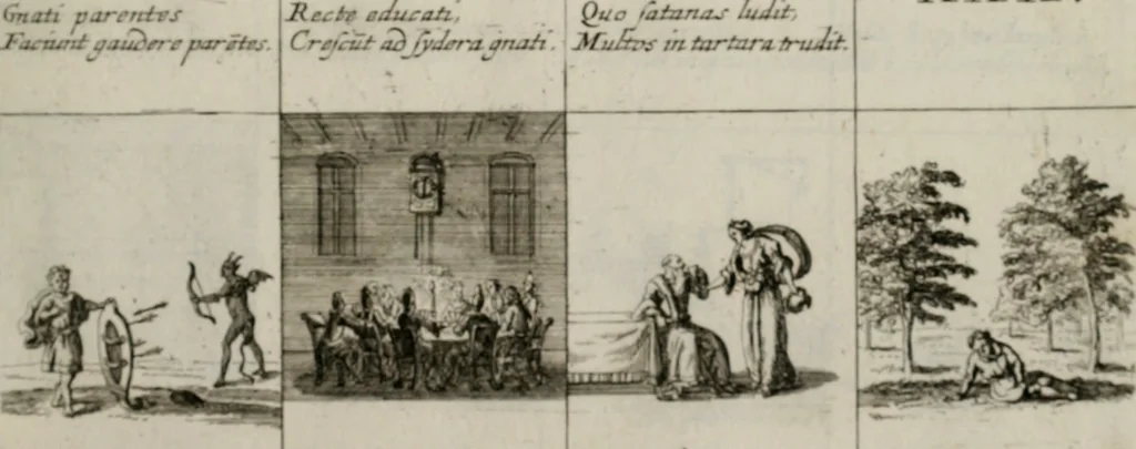 An illustration from Annus symbolicus, emblemmatice, et versu leonino : quemcumq[ue] statum hominum incitans ad animum pie recreandum. Humillimè oblatus serenissimo electorali principi Iosepho Ferdinando vtriusq[ue] Bavariae &c. duci. etc. etc. Accrescenti orbis terrae delicio, 1696, leaf 68