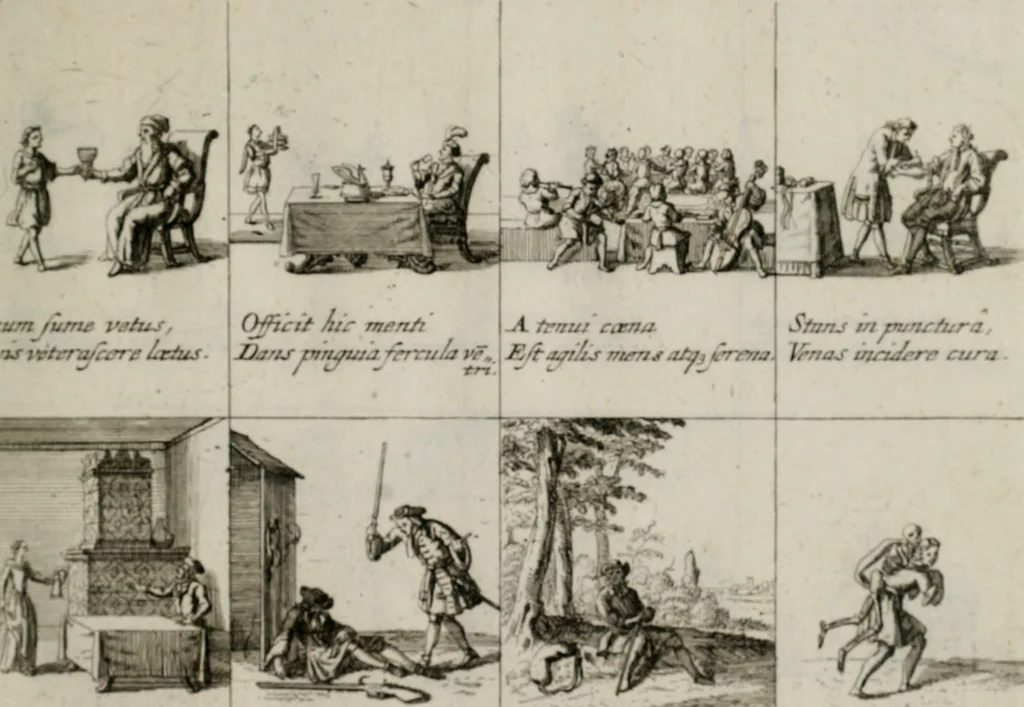 An illustration from Annus symbolicus, emblemmatice, et versu leonino : quemcumq[ue] statum hominum incitans ad animum pie recreandum. Humillimè oblatus serenissimo electorali principi Iosepho Ferdinando vtriusq[ue] Bavariae &c. duci. etc. etc. Accrescenti orbis terrae delicio, 1696, leaf 72