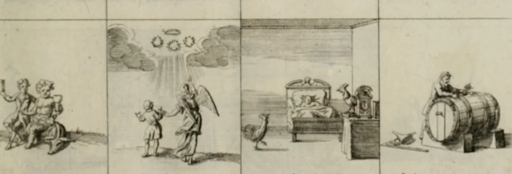 An illustration from Annus symbolicus, emblemmatice, et versu leonino : quemcumq[ue] statum hominum incitans ad animum pie recreandum. Humillimè oblatus serenissimo electorali principi Iosepho Ferdinando vtriusq[ue] Bavariae &c. duci. etc. etc. Accrescenti orbis terrae delicio, 1696, leaf 74