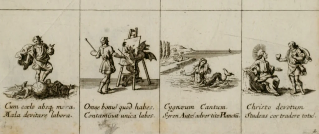 An illustration from Annus symbolicus, emblemmatice, et versu leonino : quemcumq[ue] statum hominum incitans ad animum pie recreandum. Humillimè oblatus serenissimo electorali principi Iosepho Ferdinando vtriusq[ue] Bavariae &c. duci. etc. etc. Accrescenti orbis terrae delicio, 1696, leaf 8