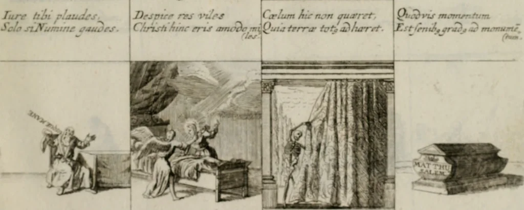 An illustration from Annus symbolicus, emblemmatice, et versu leonino : quemcumq[ue] statum hominum incitans ad animum pie recreandum. Humillimè oblatus serenissimo electorali principi Iosepho Ferdinando vtriusq[ue] Bavariae &c. duci. etc. etc. Accrescenti orbis terrae delicio, 1696, leaf 88