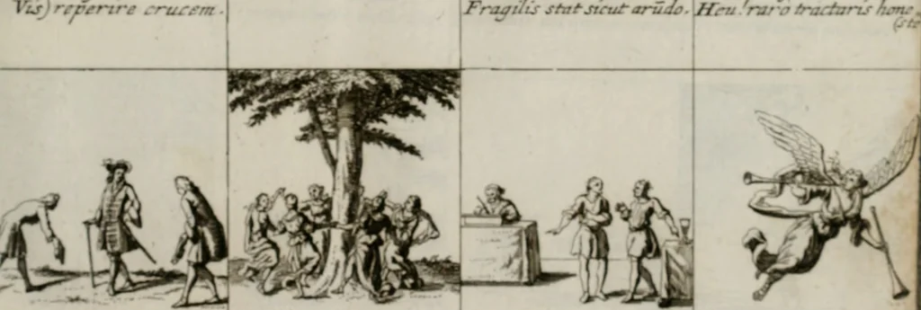 An illustration from Annus symbolicus, emblemmatice, et versu leonino : quemcumq[ue] statum hominum incitans ad animum pie recreandum. Humillimè oblatus serenissimo electorali principi Iosepho Ferdinando vtriusq[ue] Bavariae &c. duci. etc. etc. Accrescenti orbis terrae delicio, 1696, leaf 92