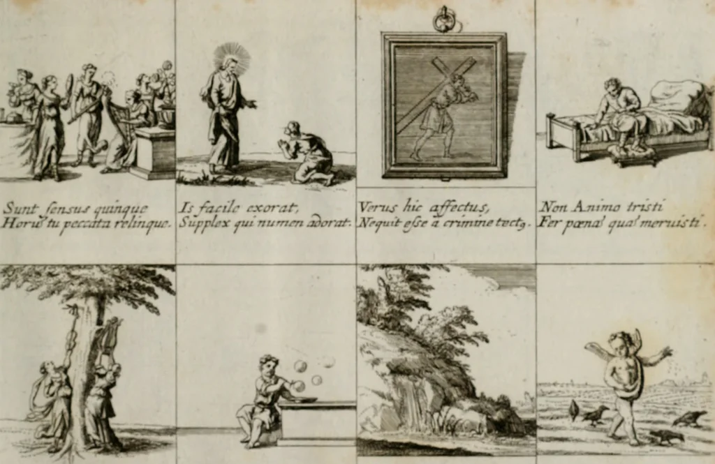 An illustration from Annus symbolicus, emblemmatice, et versu leonino : quemcumq[ue] statum hominum incitans ad animum pie recreandum. Humillimè oblatus serenissimo electorali principi Iosepho Ferdinando vtriusq[ue] Bavariae &c. duci. etc. etc. Accrescenti orbis terrae delicio, 1696, leaf 96