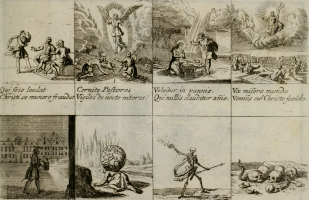 An illustration from Annus symbolicus, emblemmatice, et versu leonino : quemcumq[ue] statum hominum incitans ad animum pie recreandum. Humillimè oblatus serenissimo electorali principi Iosepho Ferdinando vtriusq[ue] Bavariae &c. duci. etc. etc. Accrescenti orbis terrae delicio, 1696, leaf 98