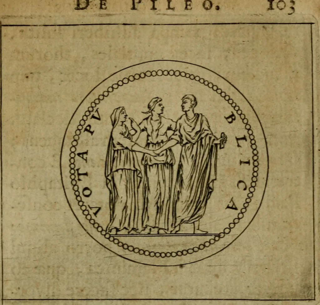 An illustration from Anselmus Solerius cemeliensis De pileo : caeterisque capitis tegminibus tam sacris, quàm profanis, 1672, leaf 118