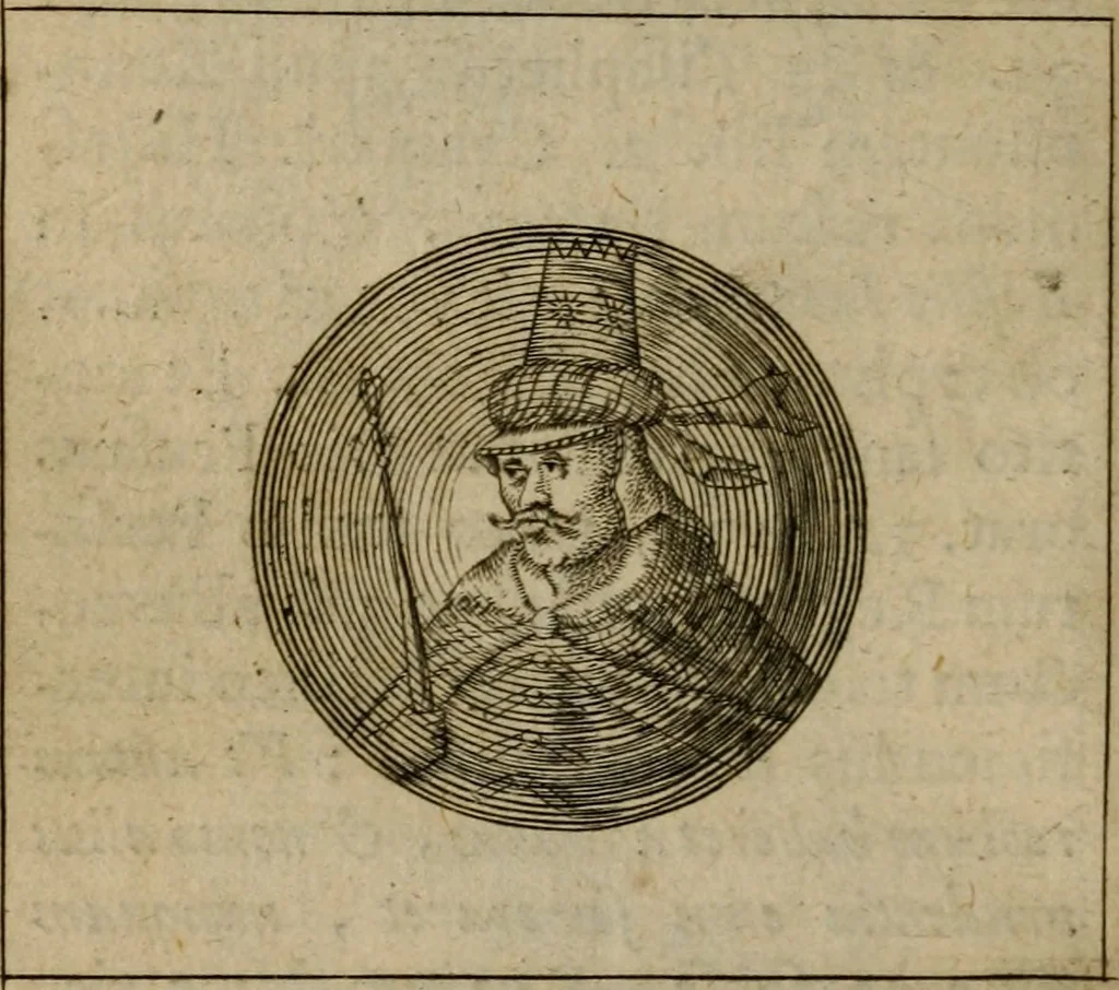 An illustration from Anselmus Solerius cemeliensis De pileo : caeterisque capitis tegminibus tam sacris, quàm profanis, 1672, leaf 203