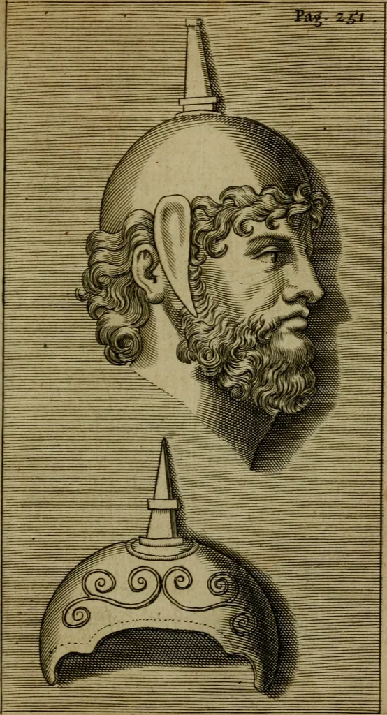 An illustration from Anselmus Solerius cemeliensis De pileo : caeterisque capitis tegminibus tam sacris, quàm profanis, 1672, leaf 266