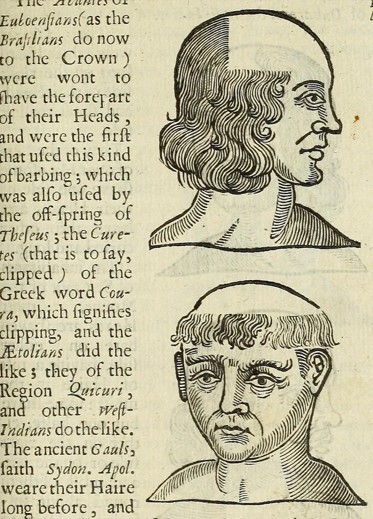 An illustration from Anthropometamorphosis: man transform'd: or, The artificiall changling, historically presented, in the mad and cruel gallantry, foolish bravery, ridiculous beauty, filthy finenesse, and loathsome loveliness of most nations, fashioning and altering their bodies from the mould intended by nature; with figures of those transformations. To which artificial and affected deformations are added, all the native and national monstrosities that have appeared to disfigure the humane fabrick. With a vindication of the regular beauty and honesty of nature, 1653, leaf 109