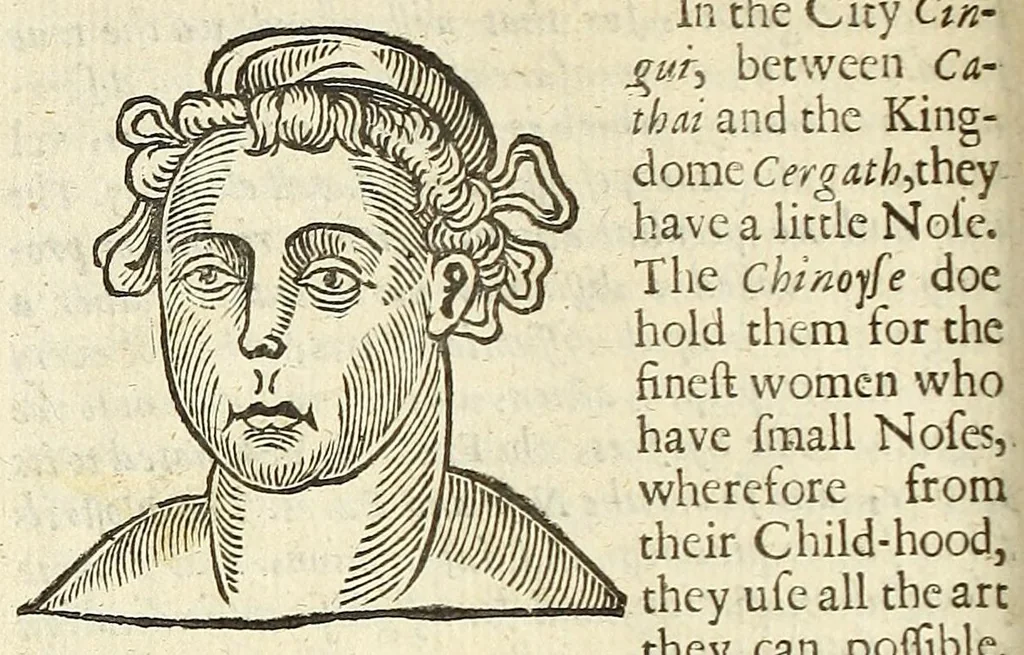 An illustration from Anthropometamorphosis: man transform'd: or, The artificiall changling, historically presented, in the mad and cruel gallantry, foolish bravery, ridiculous beauty, filthy finenesse, and loathsome loveliness of most nations, fashioning and altering their bodies from the mould intended by nature; with figures of those transformations. To which artificial and affected deformations are added, all the native and national monstrosities that have appeared to disfigure the humane fabrick. With a vindication of the regular beauty and honesty of nature, 1653, leaf 176