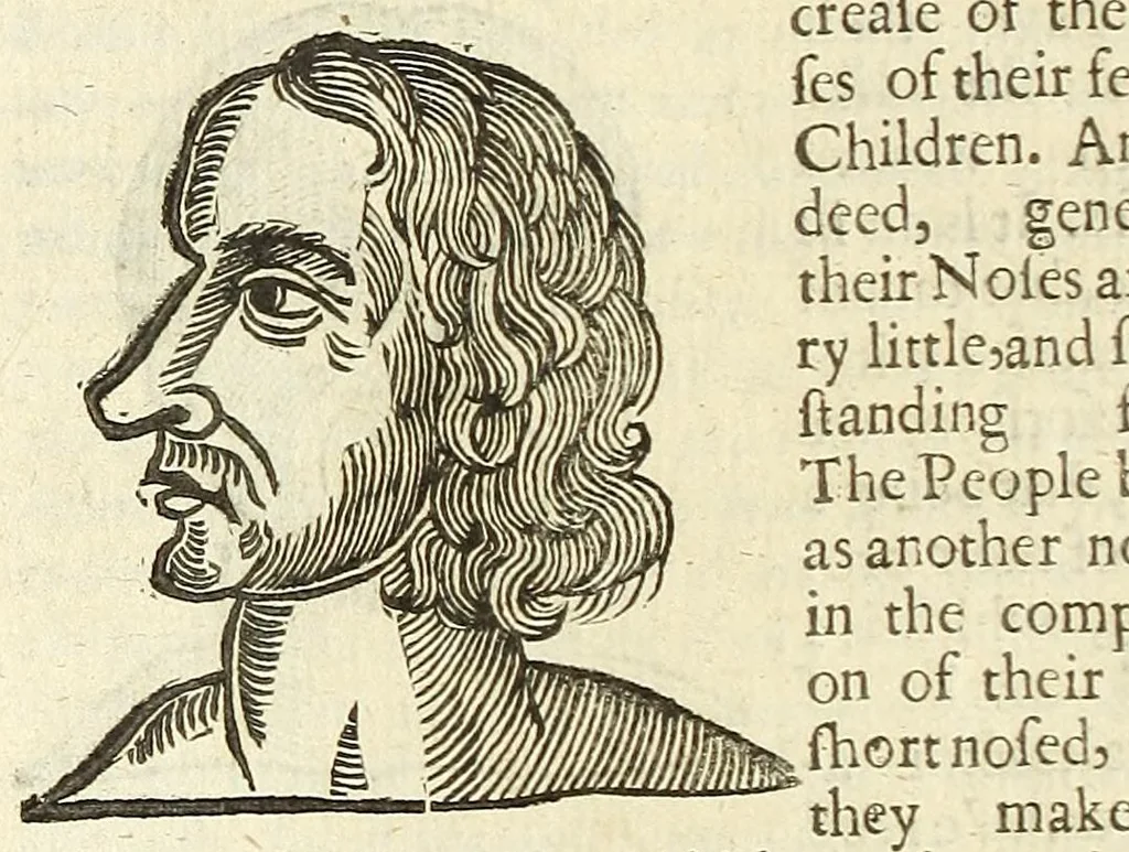 An illustration from Anthropometamorphosis: man transform'd: or, The artificiall changling, historically presented, in the mad and cruel gallantry, foolish bravery, ridiculous beauty, filthy finenesse, and loathsome loveliness of most nations, fashioning and altering their bodies from the mould intended by nature; with figures of those transformations. To which artificial and affected deformations are added, all the native and national monstrosities that have appeared to disfigure the humane fabrick. With a vindication of the regular beauty and honesty of nature, 1653, leaf 176