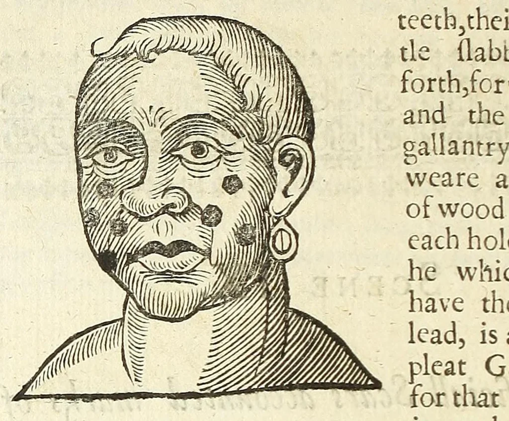 An illustration from Anthropometamorphosis: man transform'd: or, The artificiall changling, historically presented, in the mad and cruel gallantry, foolish bravery, ridiculous beauty, filthy finenesse, and loathsome loveliness of most nations, fashioning and altering their bodies from the mould intended by nature; with figures of those transformations. To which artificial and affected deformations are added, all the native and national monstrosities that have appeared to disfigure the humane fabrick. With a vindication of the regular beauty and honesty of nature, 1653, leaf 222