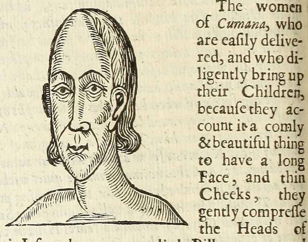An illustration from Anthropometamorphosis: man transform'd: or, The artificiall changling, historically presented, in the mad and cruel gallantry, foolish bravery, ridiculous beauty, filthy finenesse, and loathsome loveliness of most nations, fashioning and altering their bodies from the mould intended by nature; with figures of those transformations. To which artificial and affected deformations are added, all the native and national monstrosities that have appeared to disfigure the humane fabrick. With a vindication of the regular beauty and honesty of nature, 1653, leaf 300