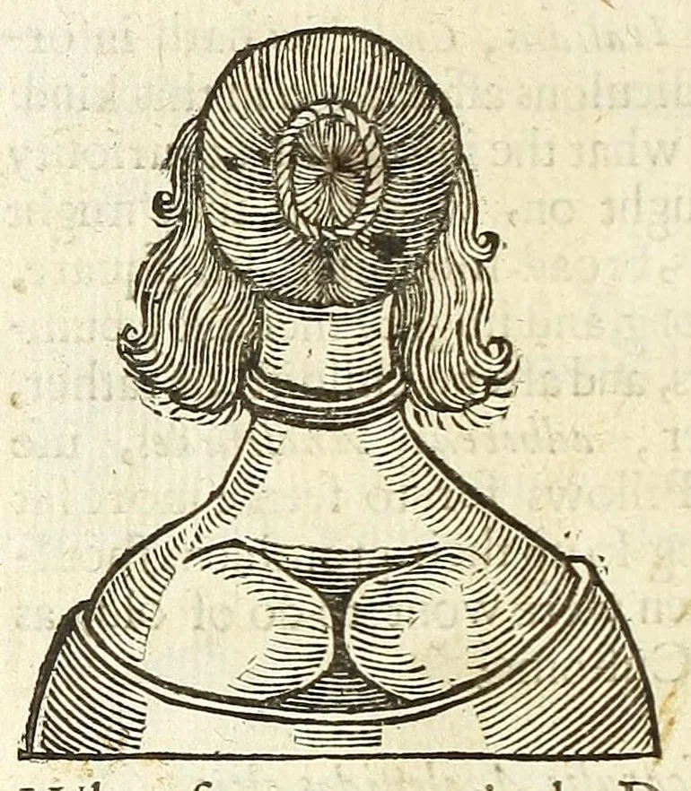 An illustration from Anthropometamorphosis: man transform'd: or, The artificiall changling, historically presented, in the mad and cruel gallantry, foolish bravery, ridiculous beauty, filthy finenesse, and loathsome loveliness of most nations, fashioning and altering their bodies from the mould intended by nature; with figures of those transformations. To which artificial and affected deformations are added, all the native and national monstrosities that have appeared to disfigure the humane fabrick. With a vindication of the regular beauty and honesty of nature, 1653, leaf 340