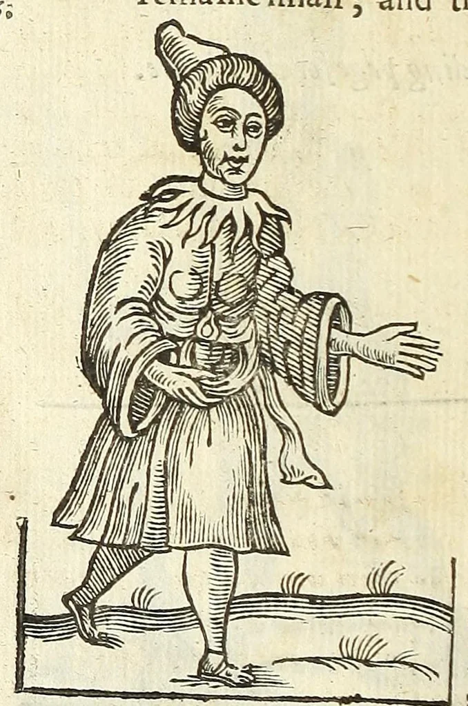 An illustration from Anthropometamorphosis: man transform'd: or, The artificiall changling, historically presented, in the mad and cruel gallantry, foolish bravery, ridiculous beauty, filthy finenesse, and loathsome loveliness of most nations, fashioning and altering their bodies from the mould intended by nature; with figures of those transformations. To which artificial and affected deformations are added, all the native and national monstrosities that have appeared to disfigure the humane fabrick. With a vindication of the regular beauty and honesty of nature, 1653, leaf 478