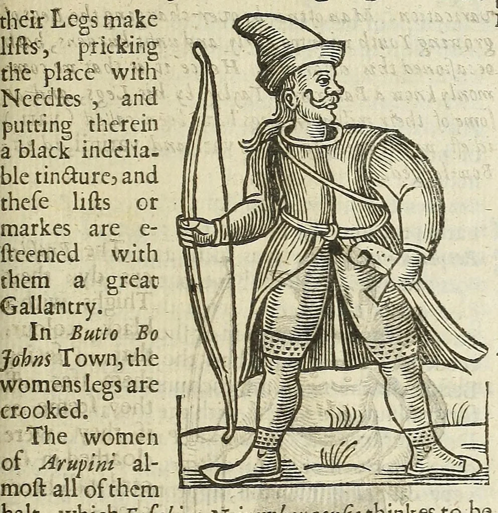 An illustration from Anthropometamorphosis: man transform'd: or, The artificiall changling, historically presented, in the mad and cruel gallantry, foolish bravery, ridiculous beauty, filthy finenesse, and loathsome loveliness of most nations, fashioning and altering their bodies from the mould intended by nature; with figures of those transformations. To which artificial and affected deformations are added, all the native and national monstrosities that have appeared to disfigure the humane fabrick. With a vindication of the regular beauty and honesty of nature, 1653, leaf 495