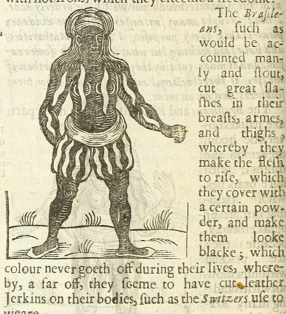 An illustration from Anthropometamorphosis: man transform'd: or, The artificiall changling, historically presented, in the mad and cruel gallantry, foolish bravery, ridiculous beauty, filthy finenesse, and loathsome loveliness of most nations, fashioning and altering their bodies from the mould intended by nature; with figures of those transformations. To which artificial and affected deformations are added, all the native and national monstrosities that have appeared to disfigure the humane fabrick. With a vindication of the regular beauty and honesty of nature, 1653, leaf 520
