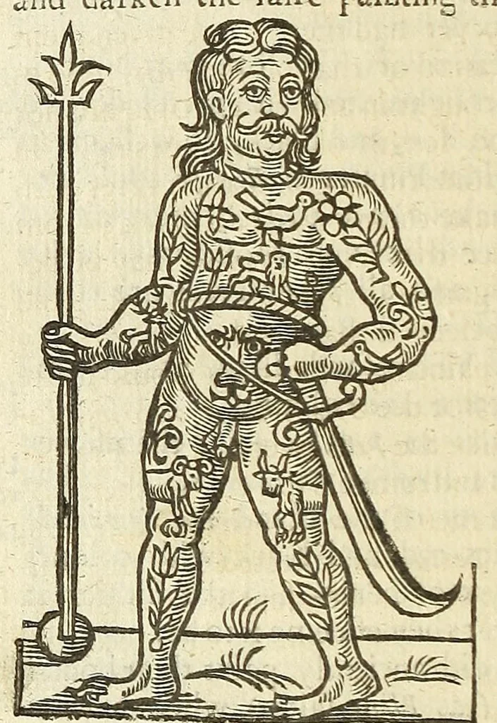 An illustration from Anthropometamorphosis: man transform'd: or, The artificiall changling, historically presented, in the mad and cruel gallantry, foolish bravery, ridiculous beauty, filthy finenesse, and loathsome loveliness of most nations, fashioning and altering their bodies from the mould intended by nature; with figures of those transformations. To which artificial and affected deformations are added, all the native and national monstrosities that have appeared to disfigure the humane fabrick. With a vindication of the regular beauty and honesty of nature, 1653, leaf 526