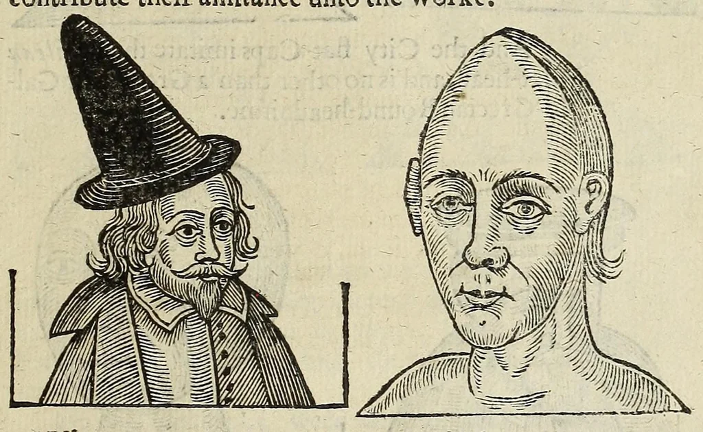 An illustration from Anthropometamorphosis: man transform'd: or, The artificiall changling, historically presented, in the mad and cruel gallantry, foolish bravery, ridiculous beauty, filthy finenesse, and loathsome loveliness of most nations, fashioning and altering their bodies from the mould intended by nature; with figures of those transformations. To which artificial and affected deformations are added, all the native and national monstrosities that have appeared to disfigure the humane fabrick. With a vindication of the regular beauty and honesty of nature, 1653, leaf 593