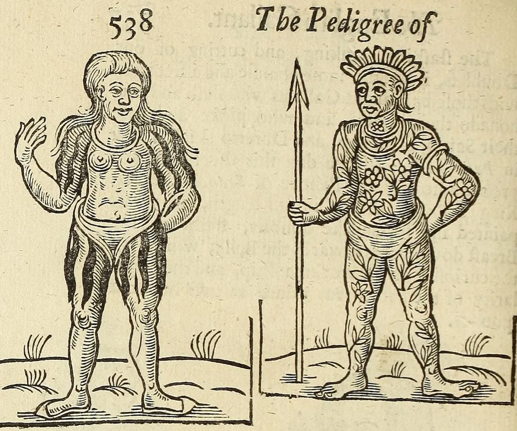 An illustration from Anthropometamorphosis: man transform'd: or, The artificiall changling, historically presented, in the mad and cruel gallantry, foolish bravery, ridiculous beauty, filthy finenesse, and loathsome loveliness of most nations, fashioning and altering their bodies from the mould intended by nature; with figures of those transformations. To which artificial and affected deformations are added, all the native and national monstrosities that have appeared to disfigure the humane fabrick. With a vindication of the regular beauty and honesty of nature, 1653, leaf 600