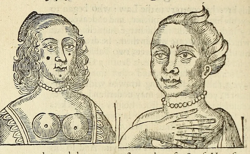 An illustration from Anthropometamorphosis: man transform'd: or, The artificiall changling, historically presented, in the mad and cruel gallantry, foolish bravery, ridiculous beauty, filthy finenesse, and loathsome loveliness of most nations, fashioning and altering their bodies from the mould intended by nature; with figures of those transformations. To which artificial and affected deformations are added, all the native and national monstrosities that have appeared to disfigure the humane fabrick. With a vindication of the regular beauty and honesty of nature, 1653, leaf 606