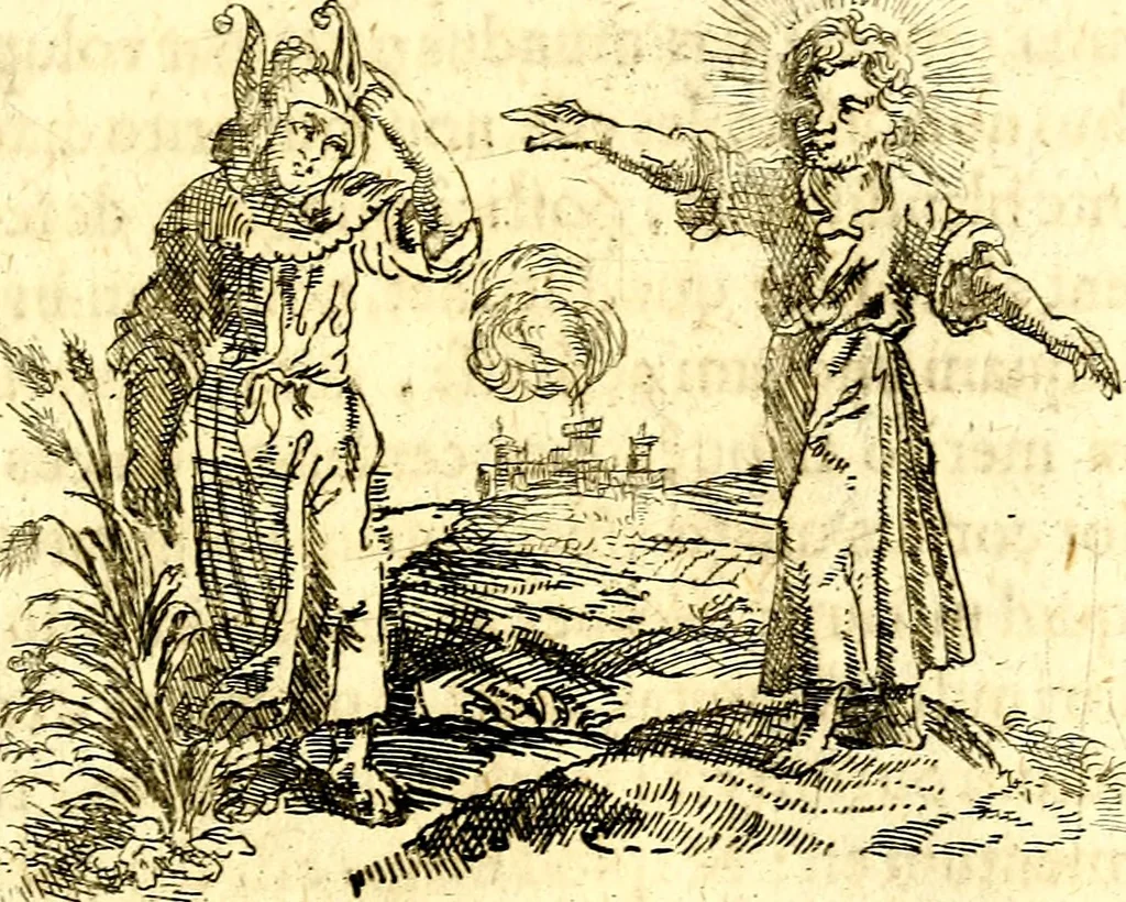 An illustration from Antipathia Amoris Divini et Humani duobus Libris comprehensa, per themata et sententias, insuper et Figuras aeneas, adjectis versibus Gallicis et Hispanicis, illustrata, antehac Antuerpiae Typis data, 1694, leaf 100