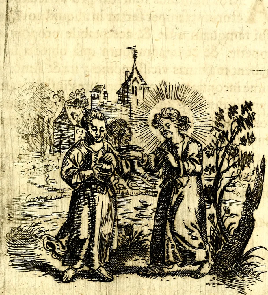 An illustration from Antipathia Amoris Divini et Humani duobus Libris comprehensa, per themata et sententias, insuper et Figuras aeneas, adjectis versibus Gallicis et Hispanicis, illustrata, antehac Antuerpiae Typis data, 1694, leaf 104