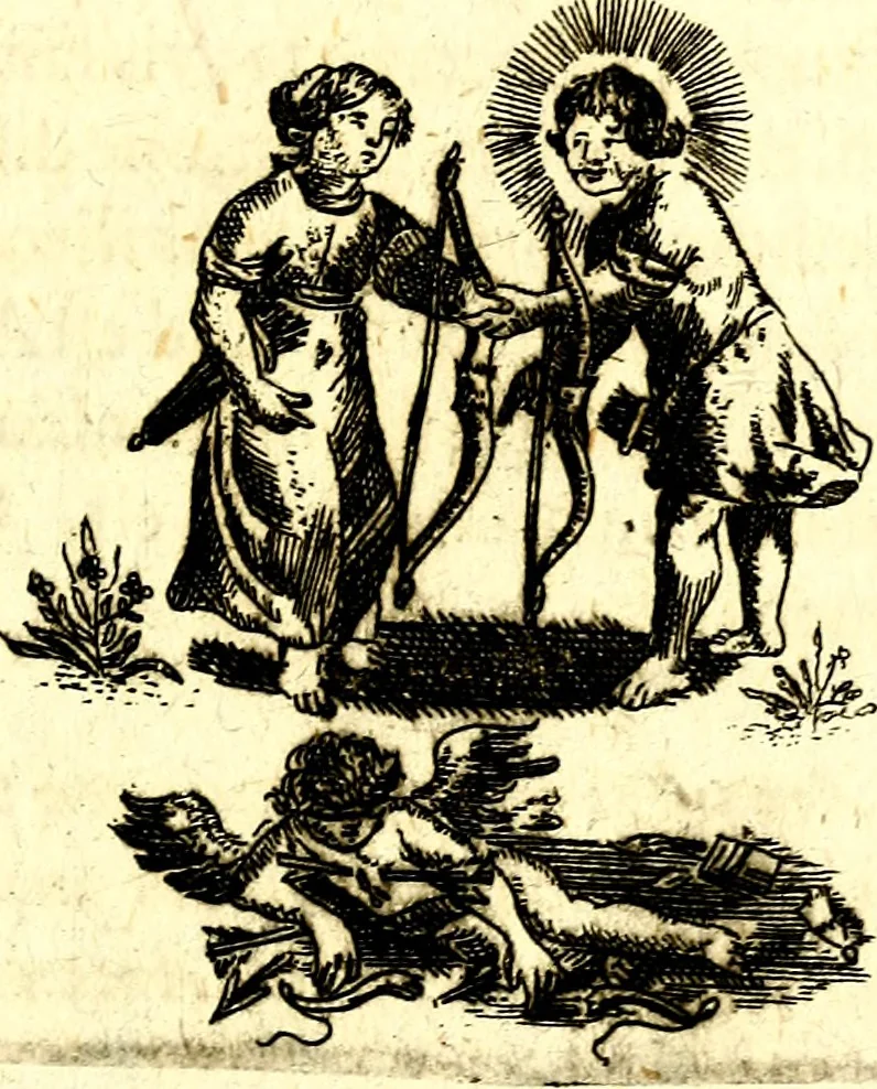 An illustration from Antipathia Amoris Divini et Humani duobus Libris comprehensa, per themata et sententias, insuper et Figuras aeneas, adjectis versibus Gallicis et Hispanicis, illustrata, antehac Antuerpiae Typis data, 1694, leaf 110