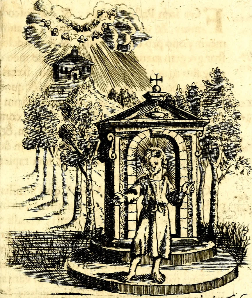 An illustration from Antipathia Amoris Divini et Humani duobus Libris comprehensa, per themata et sententias, insuper et Figuras aeneas, adjectis versibus Gallicis et Hispanicis, illustrata, antehac Antuerpiae Typis data, 1694, leaf 120