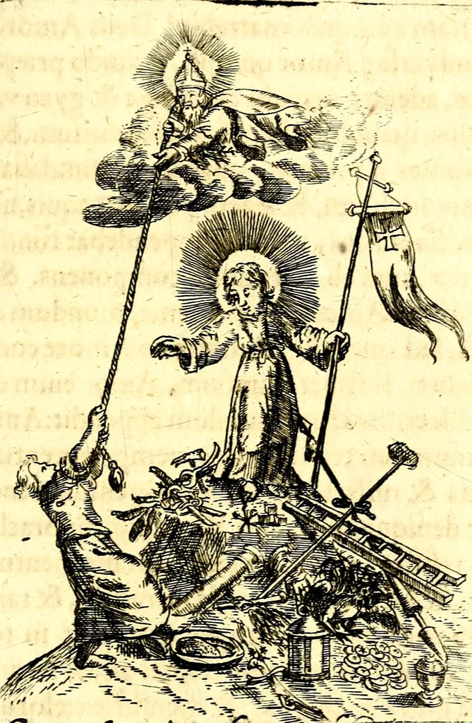 An illustration from Antipathia Amoris Divini et Humani duobus Libris comprehensa, per themata et sententias, insuper et Figuras aeneas, adjectis versibus Gallicis et Hispanicis, illustrata, antehac Antuerpiae Typis data, 1694, leaf 124