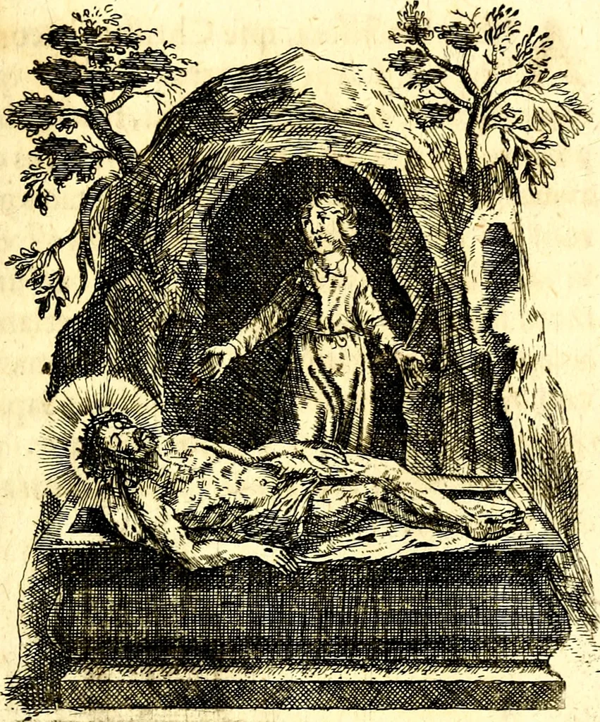 An illustration from Antipathia Amoris Divini et Humani duobus Libris comprehensa, per themata et sententias, insuper et Figuras aeneas, adjectis versibus Gallicis et Hispanicis, illustrata, antehac Antuerpiae Typis data, 1694, leaf 152