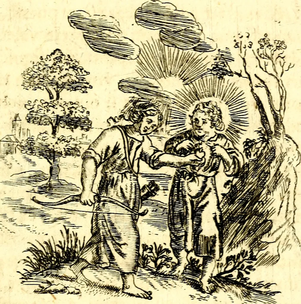 An illustration from Antipathia Amoris Divini et Humani duobus Libris comprehensa, per themata et sententias, insuper et Figuras aeneas, adjectis versibus Gallicis et Hispanicis, illustrata, antehac Antuerpiae Typis data, 1694, leaf 158