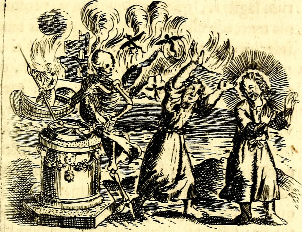 An illustration from Antipathia Amoris Divini et Humani duobus Libris comprehensa, per themata et sententias, insuper et Figuras aeneas, adjectis versibus Gallicis et Hispanicis, illustrata, antehac Antuerpiae Typis data, 1694, leaf 162