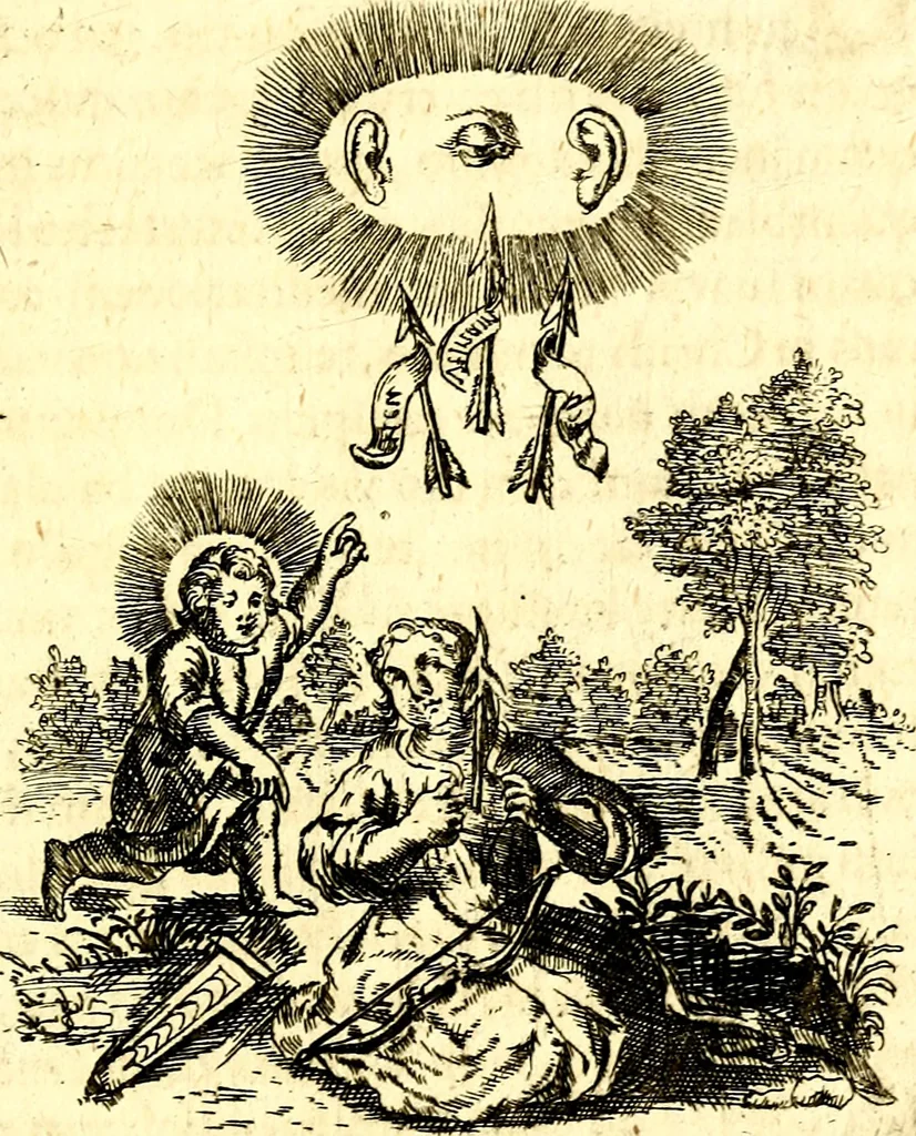 An illustration from Antipathia Amoris Divini et Humani duobus Libris comprehensa, per themata et sententias, insuper et Figuras aeneas, adjectis versibus Gallicis et Hispanicis, illustrata, antehac Antuerpiae Typis data, 1694, leaf 164