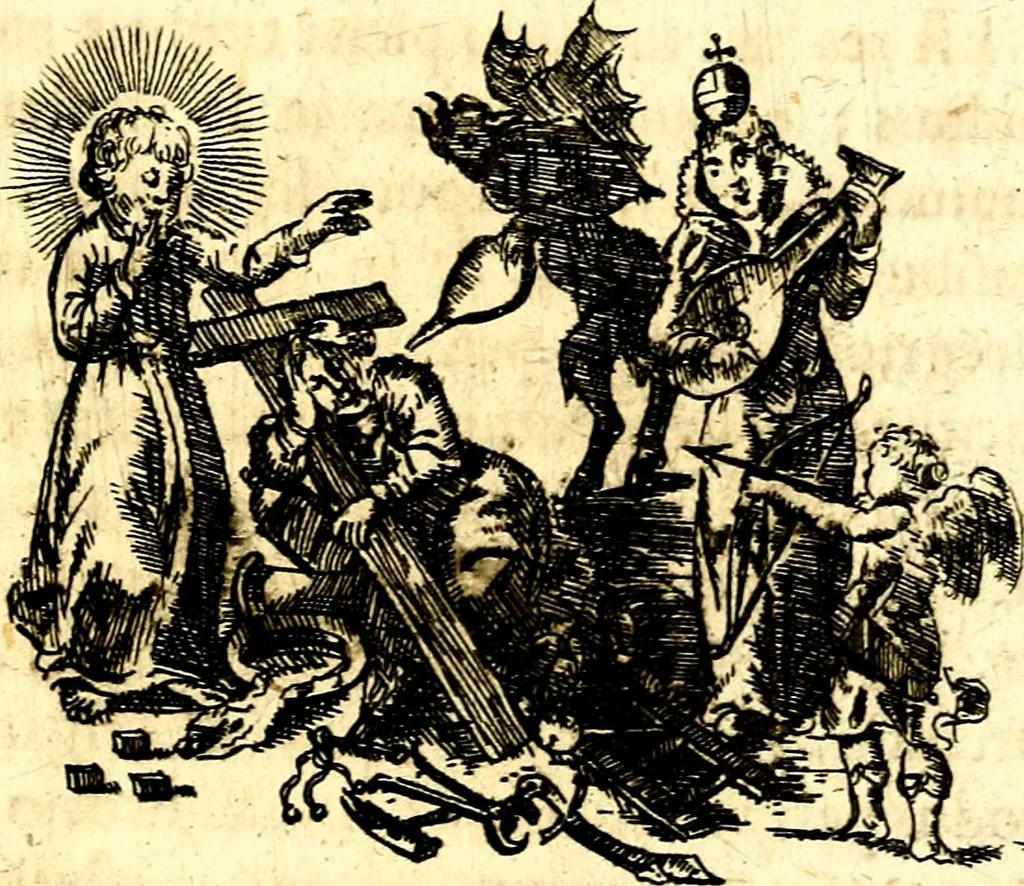 An illustration from Antipathia Amoris Divini et Humani duobus Libris comprehensa, per themata et sententias, insuper et Figuras aeneas, adjectis versibus Gallicis et Hispanicis, illustrata, antehac Antuerpiae Typis data, 1694, leaf 194