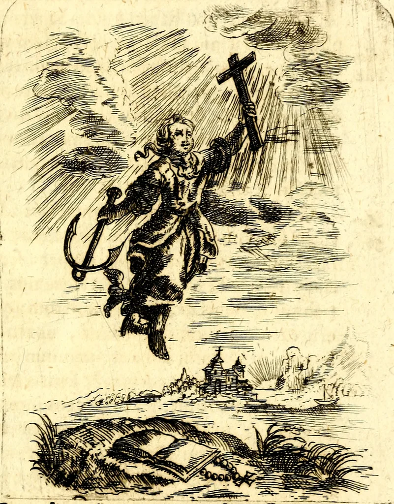 An illustration from Antipathia Amoris Divini et Humani duobus Libris comprehensa, per themata et sententias, insuper et Figuras aeneas, adjectis versibus Gallicis et Hispanicis, illustrata, antehac Antuerpiae Typis data, 1694, leaf 196