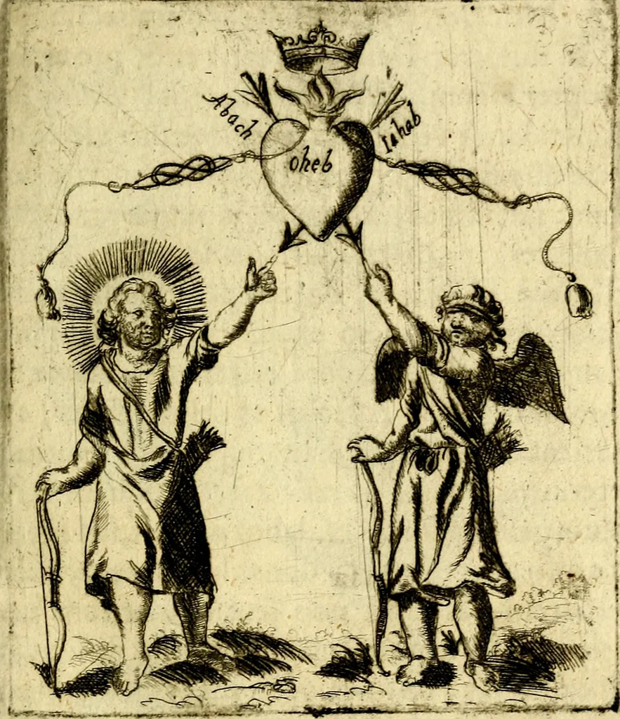 An illustration from Antipathia Amoris Divini et Humani duobus Libris comprehensa, per themata et sententias, insuper et Figuras aeneas, adjectis versibus Gallicis et Hispanicis, illustrata, antehac Antuerpiae Typis data, 1694, leaf 30