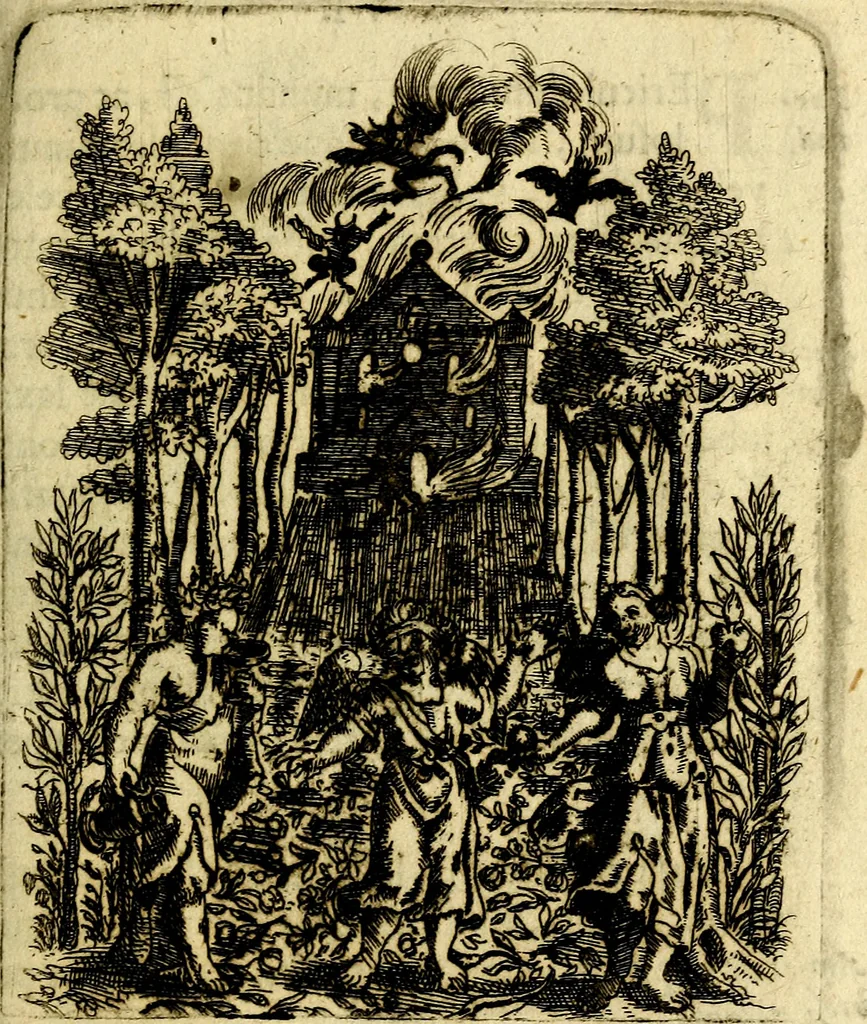 An illustration from Antipathia Amoris Divini et Humani duobus Libris comprehensa, per themata et sententias, insuper et Figuras aeneas, adjectis versibus Gallicis et Hispanicis, illustrata, antehac Antuerpiae Typis data, 1694, leaf 38