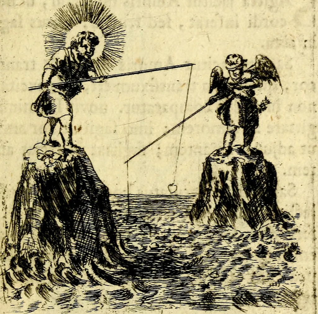 An illustration from Antipathia Amoris Divini et Humani duobus Libris comprehensa, per themata et sententias, insuper et Figuras aeneas, adjectis versibus Gallicis et Hispanicis, illustrata, antehac Antuerpiae Typis data, 1694, leaf 40