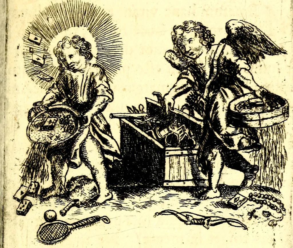An illustration from Antipathia Amoris Divini et Humani duobus Libris comprehensa, per themata et sententias, insuper et Figuras aeneas, adjectis versibus Gallicis et Hispanicis, illustrata, antehac Antuerpiae Typis data, 1694, leaf 44