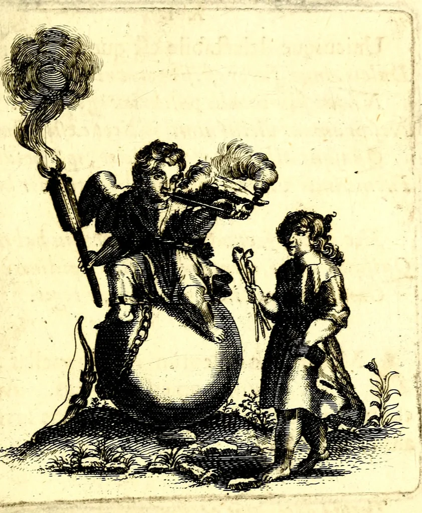 An illustration from Antipathia Amoris Divini et Humani duobus Libris comprehensa, per themata et sententias, insuper et Figuras aeneas, adjectis versibus Gallicis et Hispanicis, illustrata, antehac Antuerpiae Typis data, 1694, leaf 48