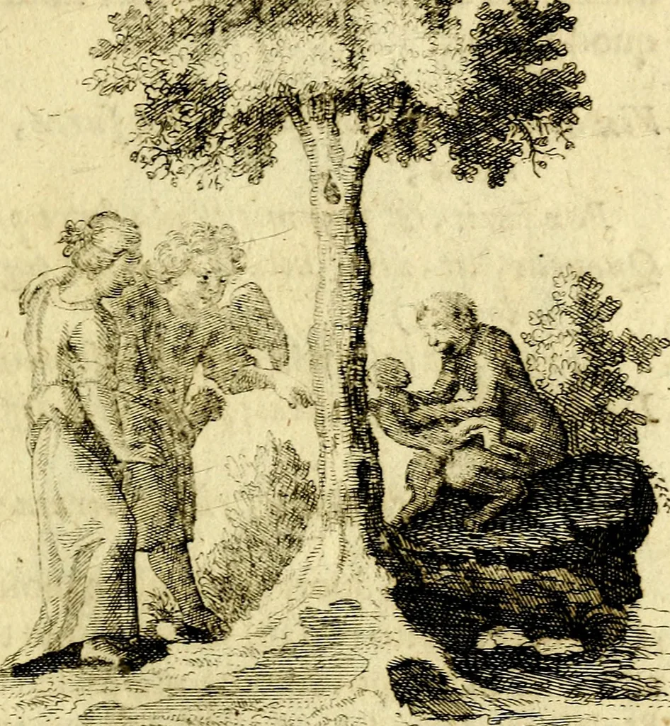 An illustration from Antipathia Amoris Divini et Humani duobus Libris comprehensa, per themata et sententias, insuper et Figuras aeneas, adjectis versibus Gallicis et Hispanicis, illustrata, antehac Antuerpiae Typis data, 1694, leaf 50