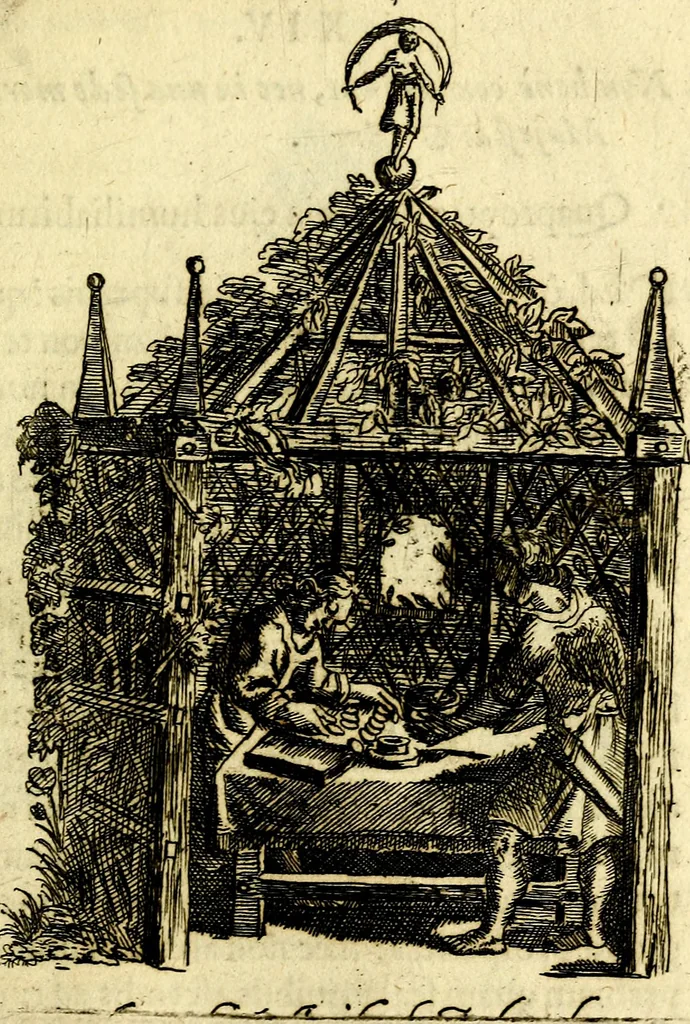 An illustration from Antipathia Amoris Divini et Humani duobus Libris comprehensa, per themata et sententias, insuper et Figuras aeneas, adjectis versibus Gallicis et Hispanicis, illustrata, antehac Antuerpiae Typis data, 1694, leaf 54