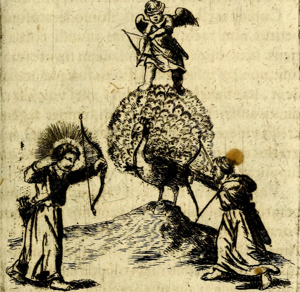 An illustration from Antipathia Amoris Divini et Humani duobus Libris comprehensa, per themata et sententias, insuper et Figuras aeneas, adjectis versibus Gallicis et Hispanicis, illustrata, antehac Antuerpiae Typis data, 1694, leaf 56