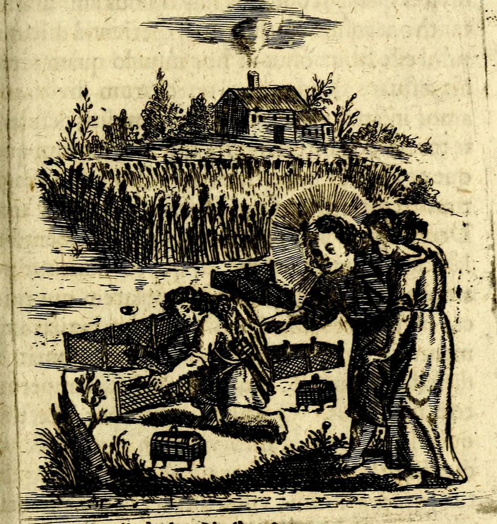An illustration from Antipathia Amoris Divini et Humani duobus Libris comprehensa, per themata et sententias, insuper et Figuras aeneas, adjectis versibus Gallicis et Hispanicis, illustrata, antehac Antuerpiae Typis data, 1694, leaf 60