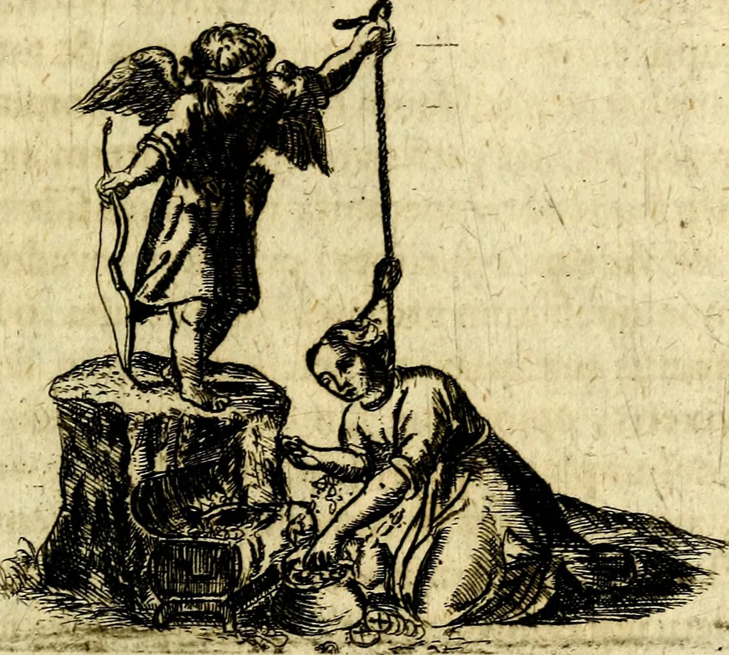 An illustration from Antipathia Amoris Divini et Humani duobus Libris comprehensa, per themata et sententias, insuper et Figuras aeneas, adjectis versibus Gallicis et Hispanicis, illustrata, antehac Antuerpiae Typis data, 1694, leaf 62